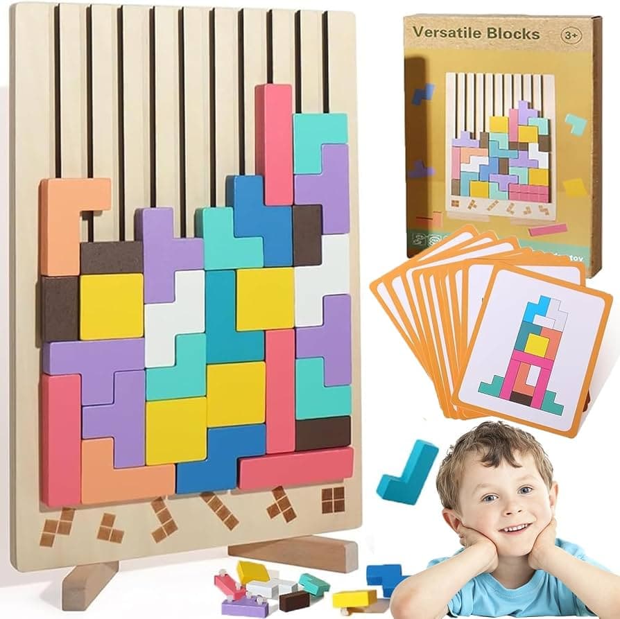 Tetris Wooden Game, Wooden Tetris Montessori Toy 3 4 5 6 Years, 3D Puzzle Intelligence Jigsaw Brain Toy, Geometric Blocks Tetris Gift for Children (A)