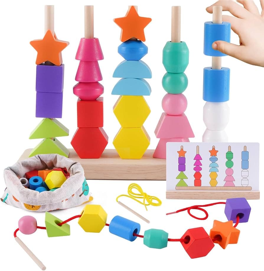 Montessori Toy from 3 4 5 Years, Wooden Toy Plug-In Game Threading Game Building Blocks Sorting Game for Children