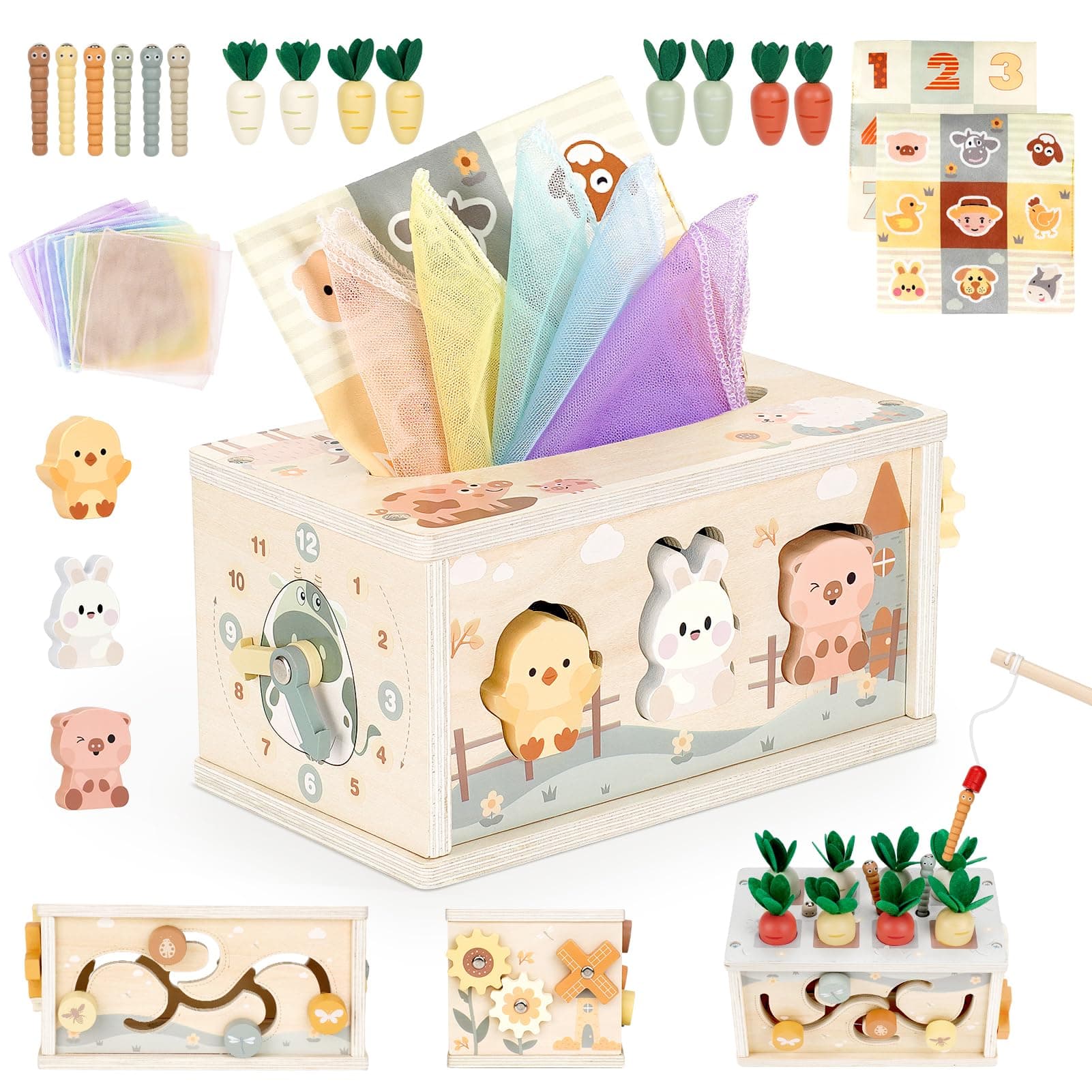 Vanplay Montessori Spielzeug Baby 12 Monate, 6 in 1 Tücherbox Baby Spielzeug ab 1 Jahr, Holzspielzeug Motorikspielzeug ab 1 2 3 Jahre Mädchen Junge, ...